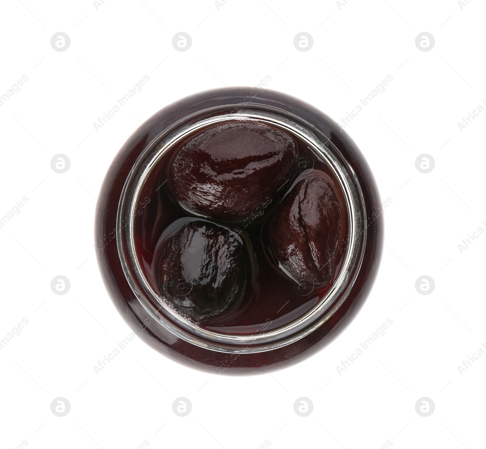 Photo of Jar of pickled plums isolated on white, top view