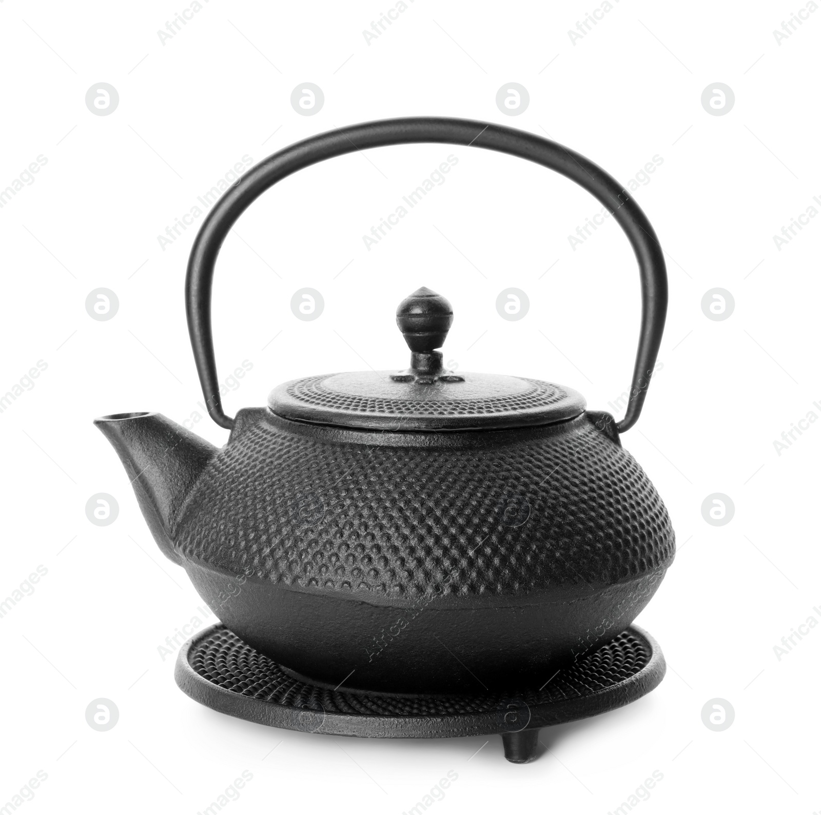 Photo of Black teapot with stand isolated on white