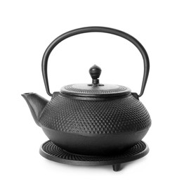 Black teapot with stand isolated on white