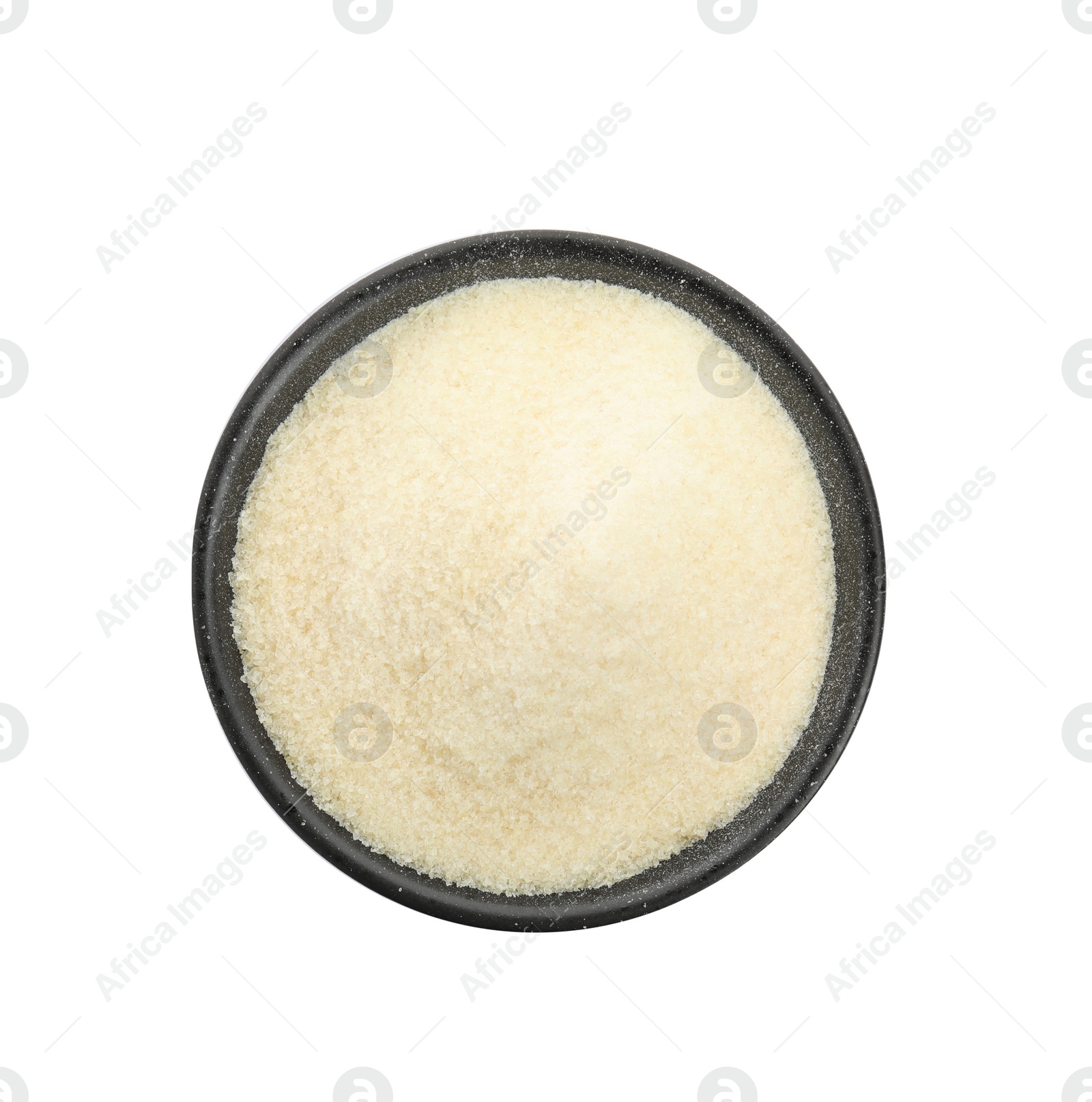 Photo of Gelatin powder in black bowl isolated on white, top view