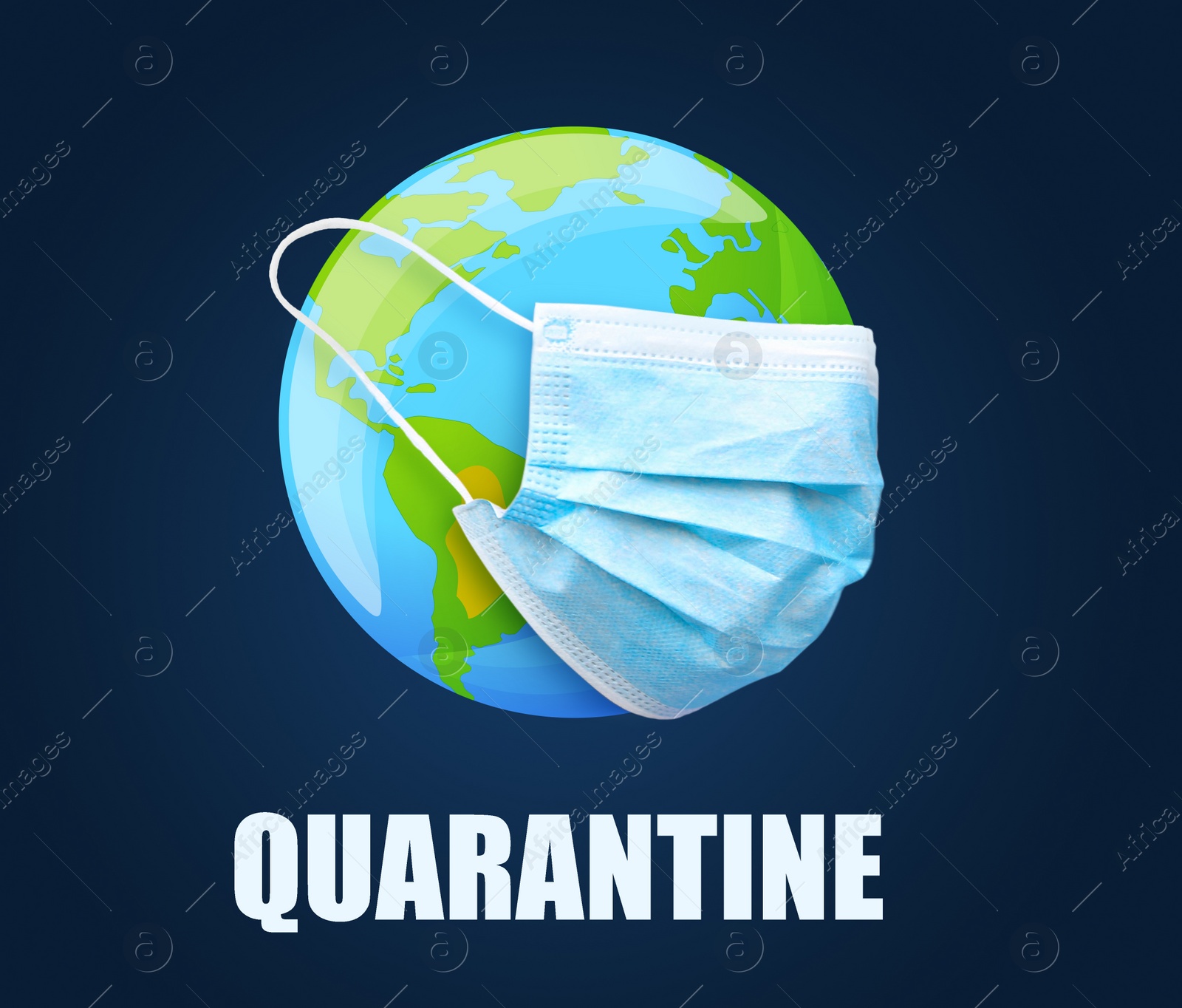 Image of Illustration of Earth with medical mask on blue background. Coronavirus outbreak