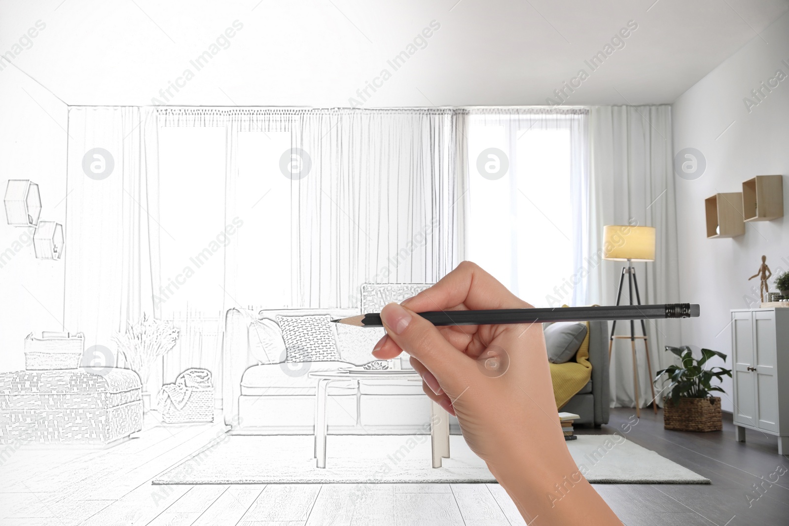 Image of Woman drawing living room interior design, closeup. Combination of photo and sketch