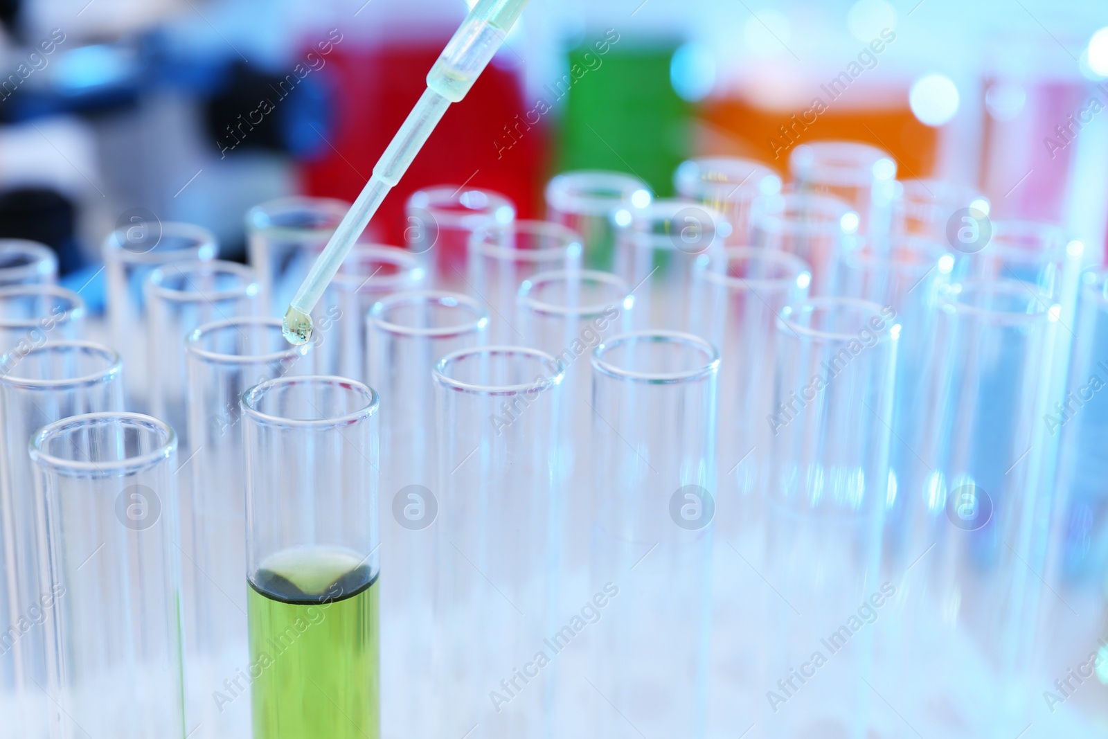 Photo of Dripping reagent into test tube with sample in chemistry laboratory, closeup