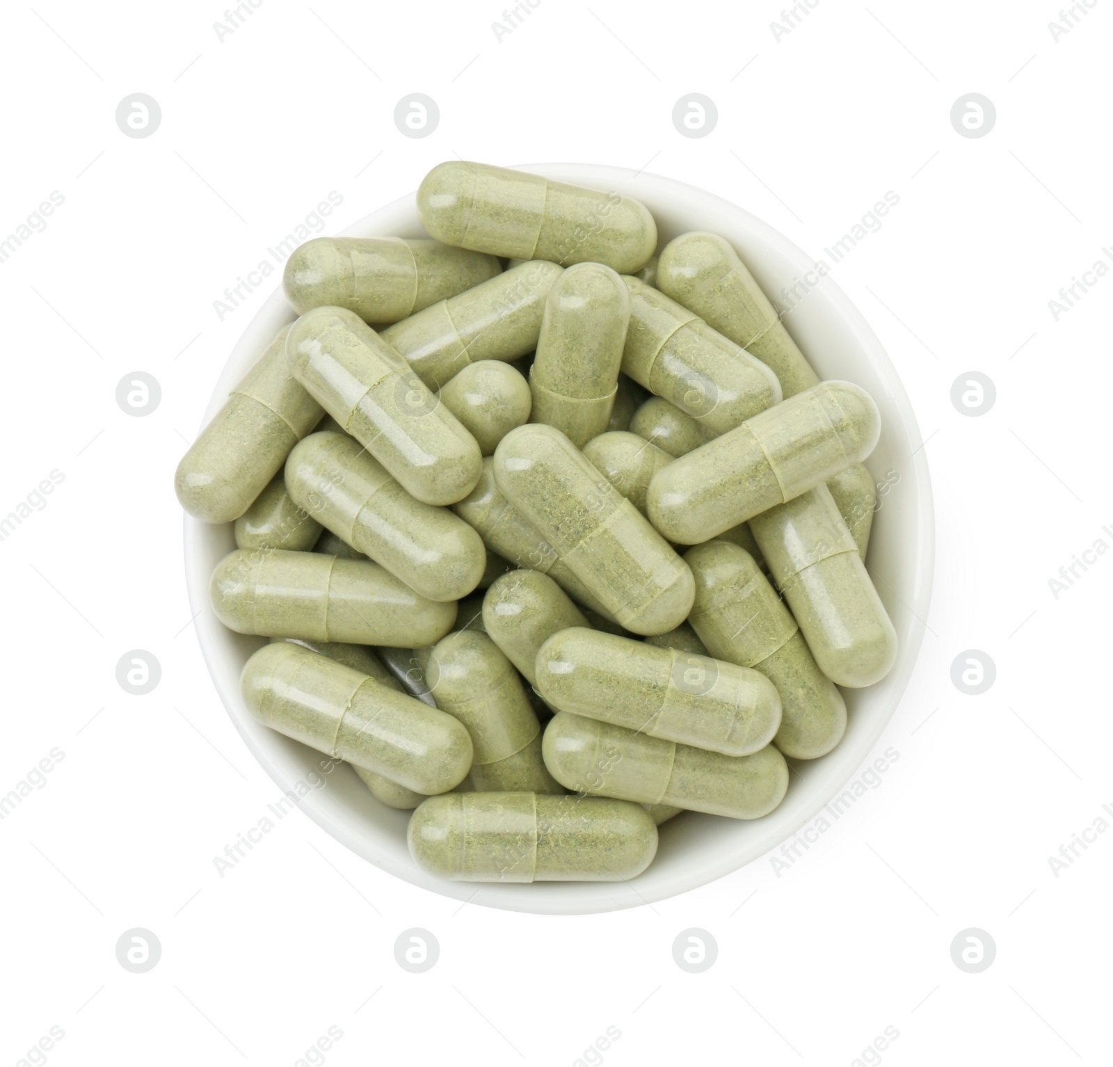 Photo of Vitamin capsules in bowl isolated on white, top view. Health supplement