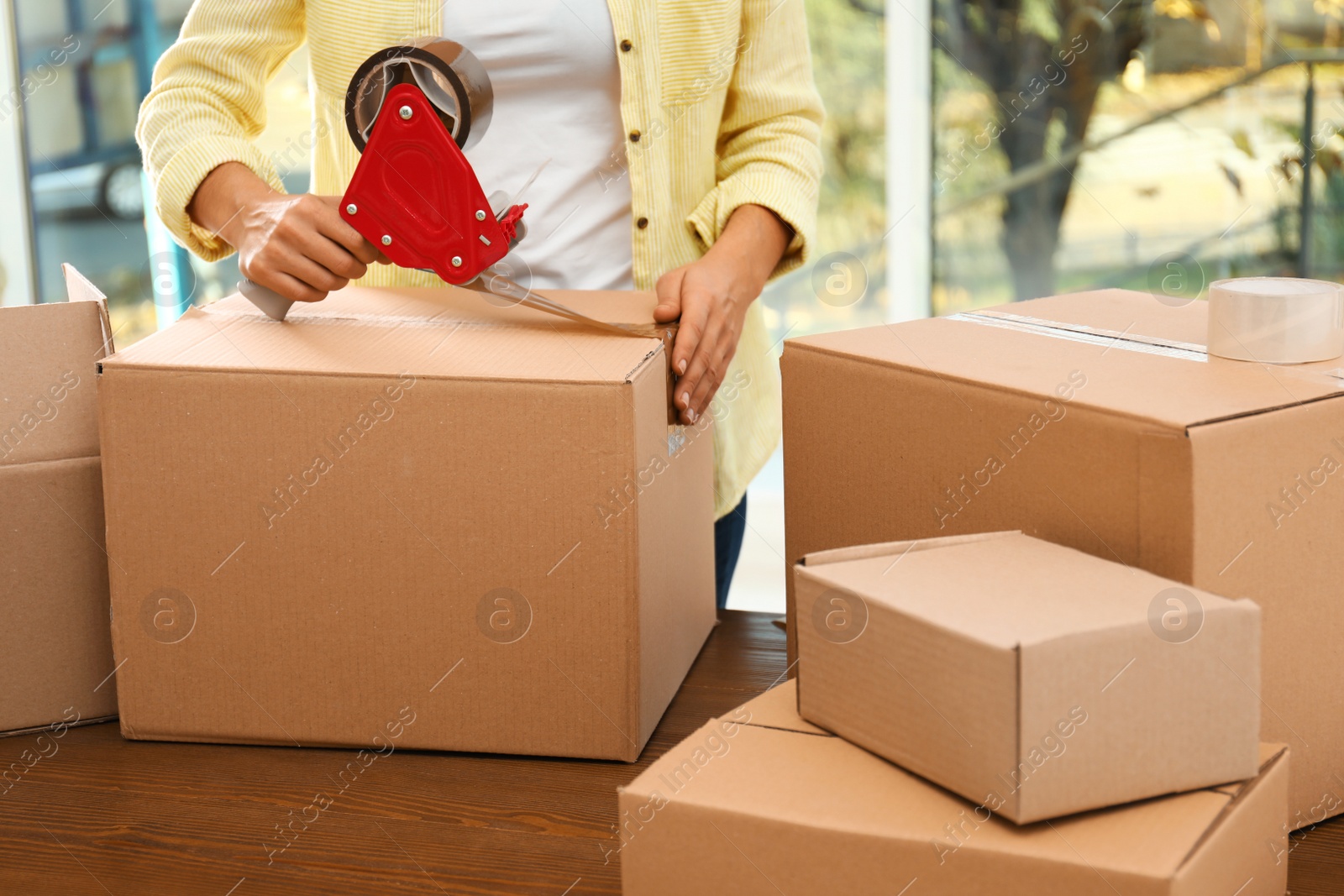 Photo of Woman packing box indoors, closeup. Moving day