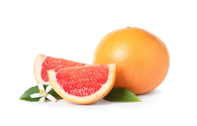 Photo of Ripe grapefruits, leaves and citrus flower on white background