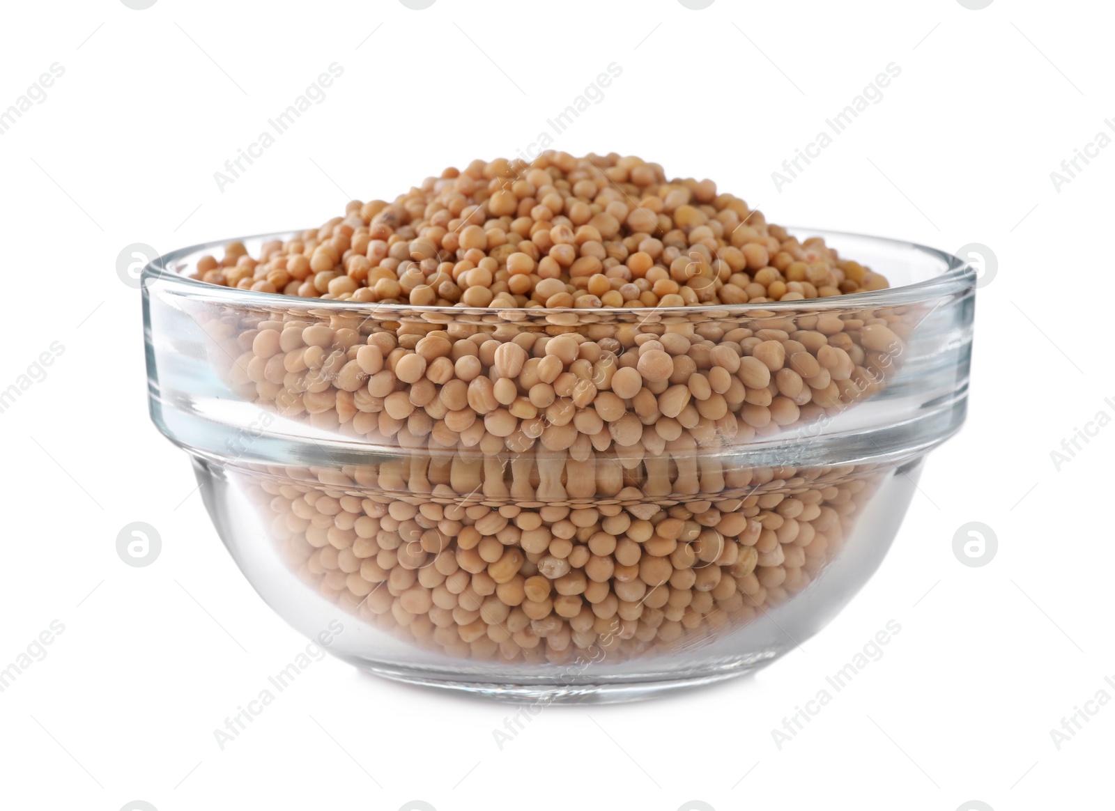 Photo of Mustard seeds in glass bowl isolated on white