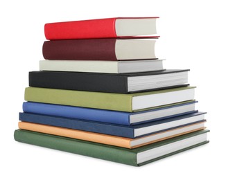 Stack of hardcover books on white background