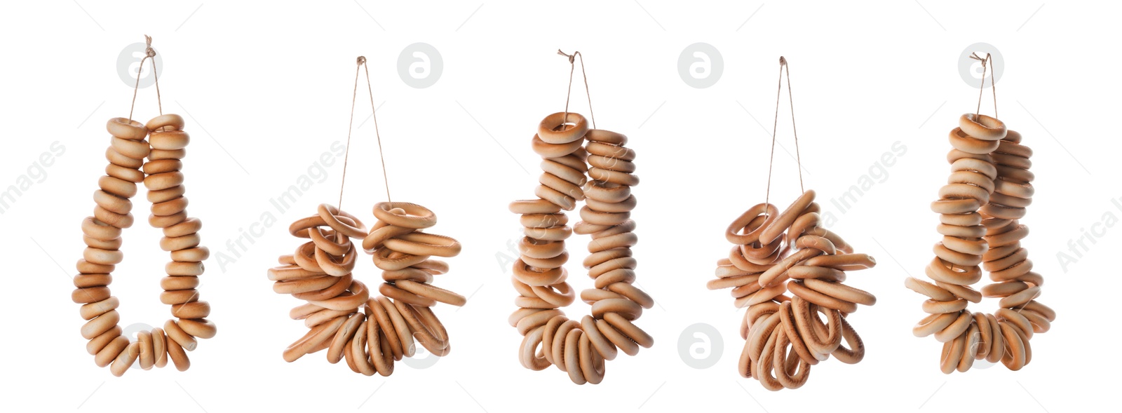 Image of Collage with bunches of delicious ring shaped Sushki (dry bagels) on white background, banner design