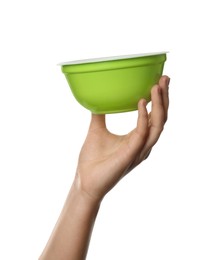 Photo of Woman holding plastic bowl on white background, closeup
