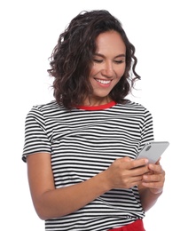 Photo of Happy young woman using smartphone on white background