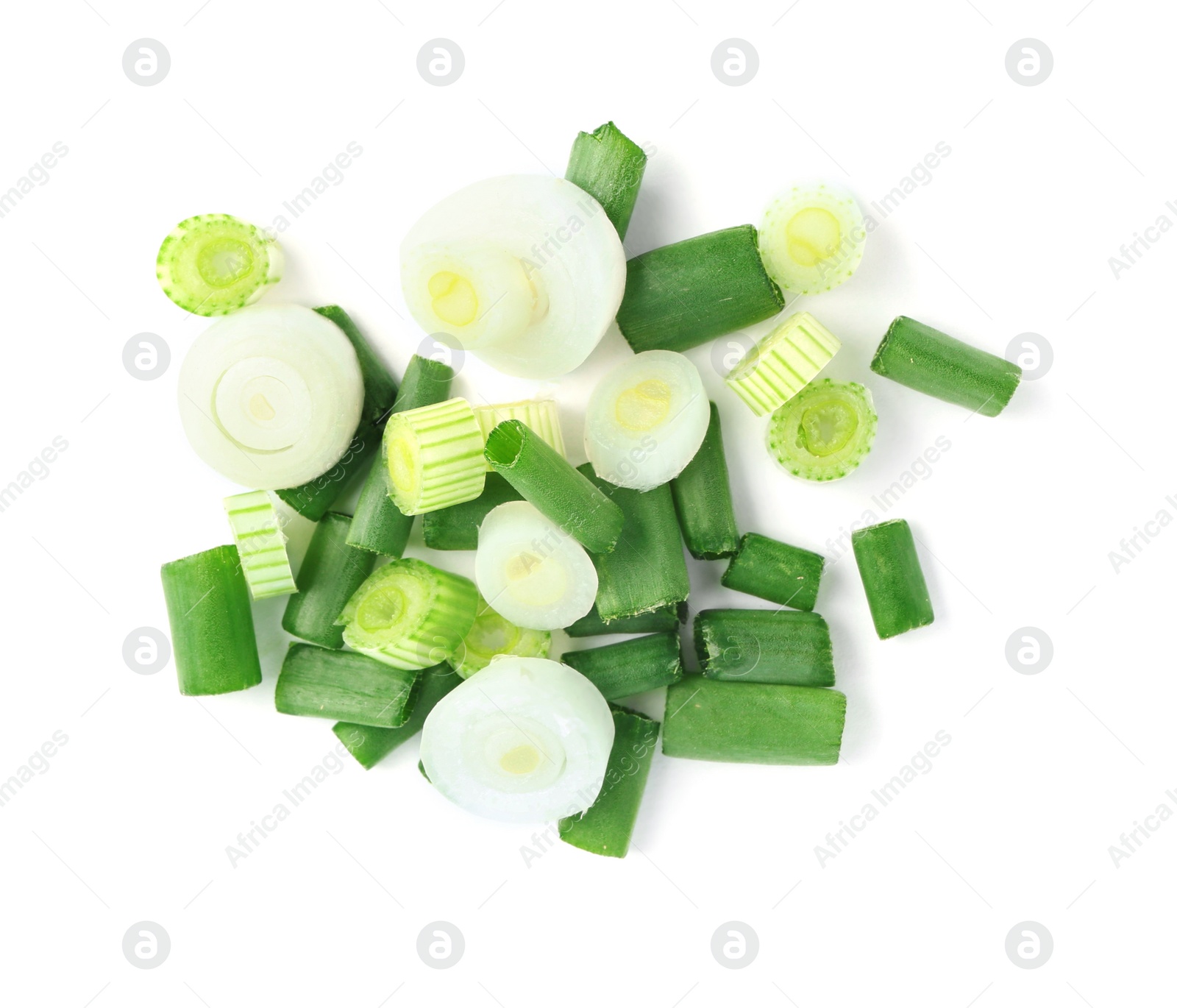 Photo of Cut green spring onion isolated on white, top view