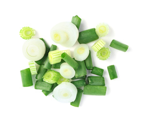 Cut green spring onion isolated on white, top view