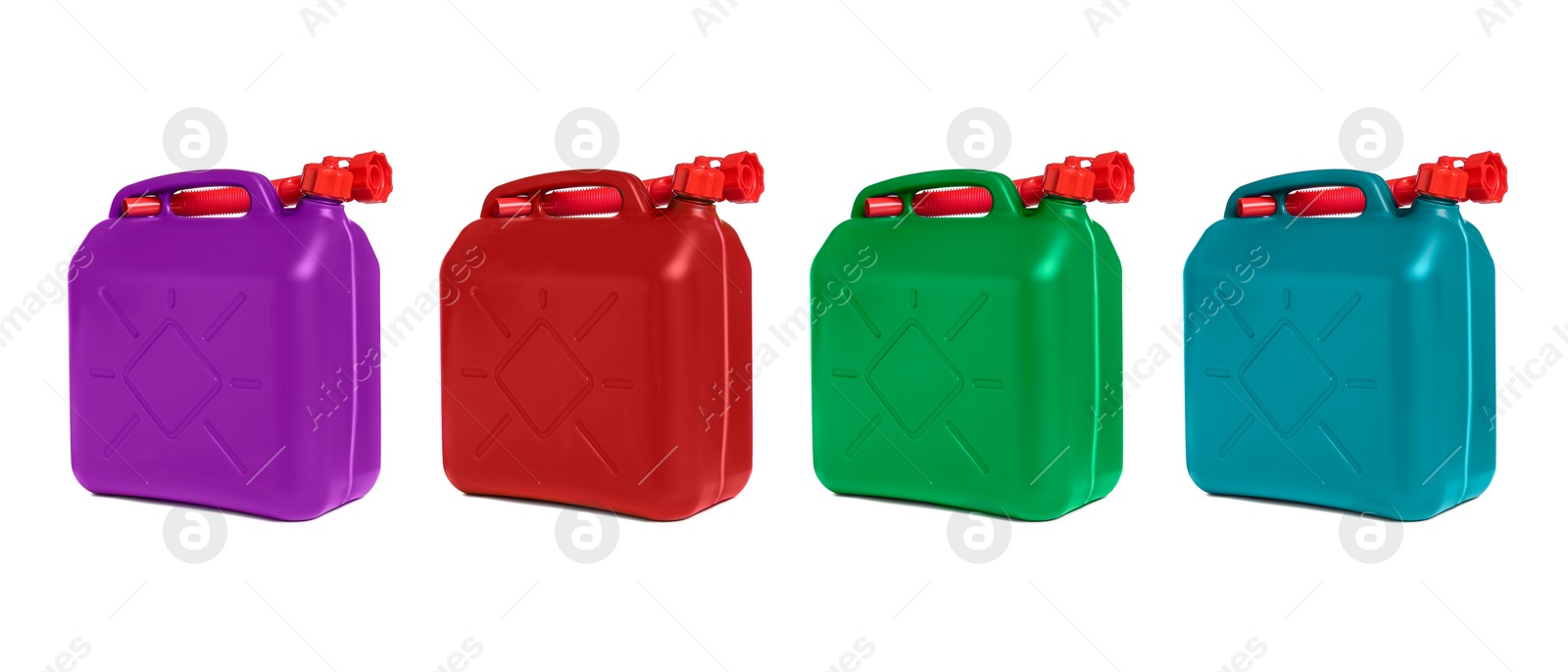 Image of Many colorful plastic canisters on white background