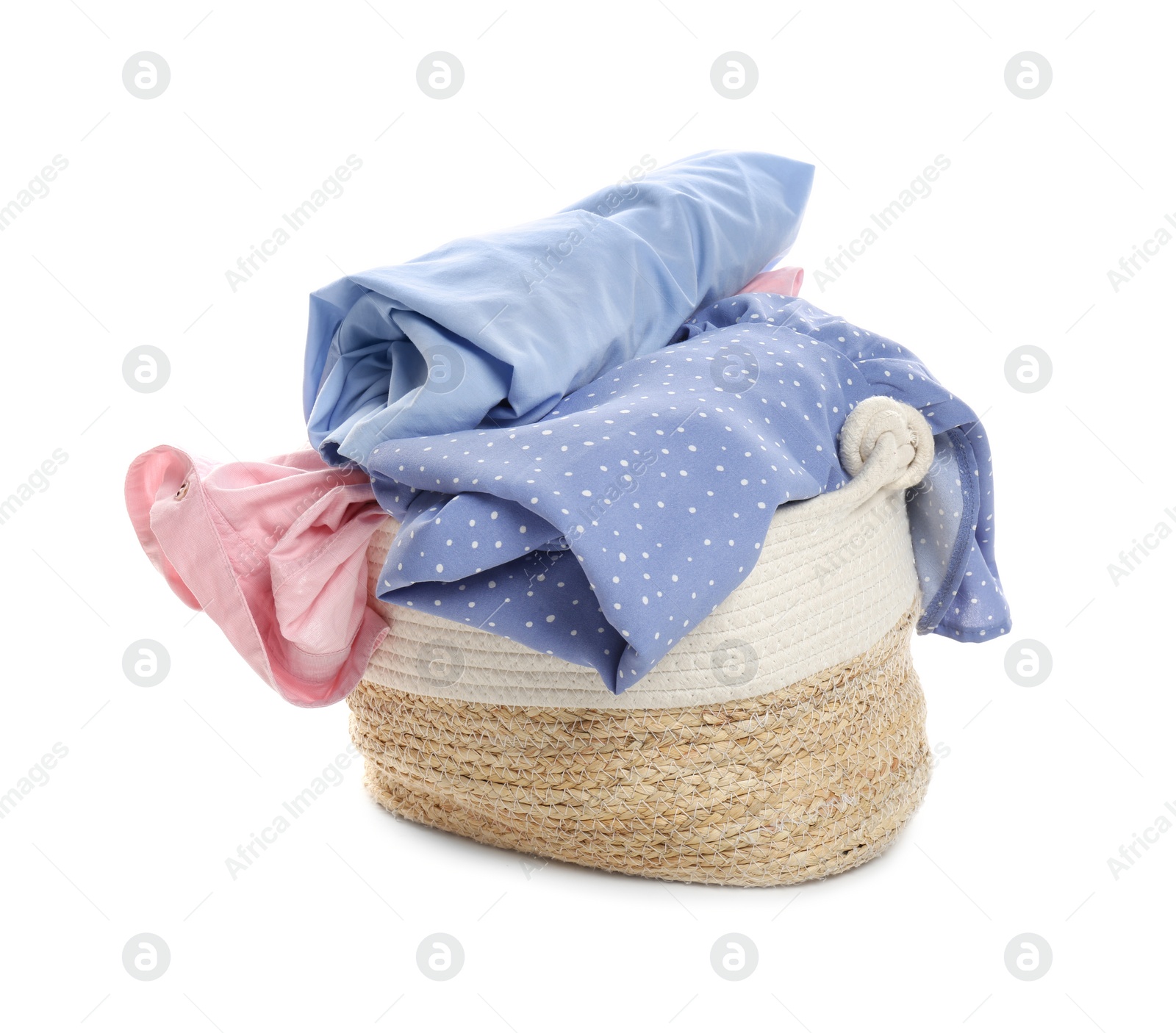 Photo of Wicker laundry basket full of clothes isolated on white