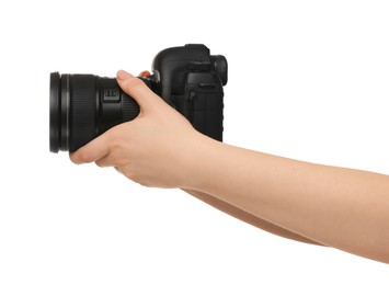 Photographer with camera on white background, closeup