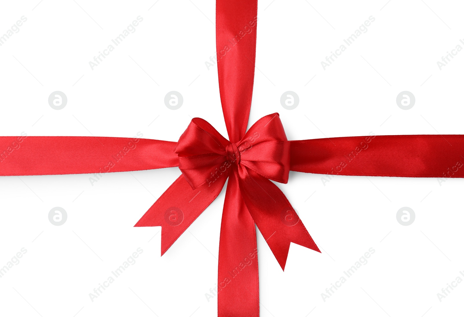 Photo of Red satin ribbon with bow isolated on white, top view