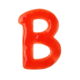 Letter B written with red sauce on white background
