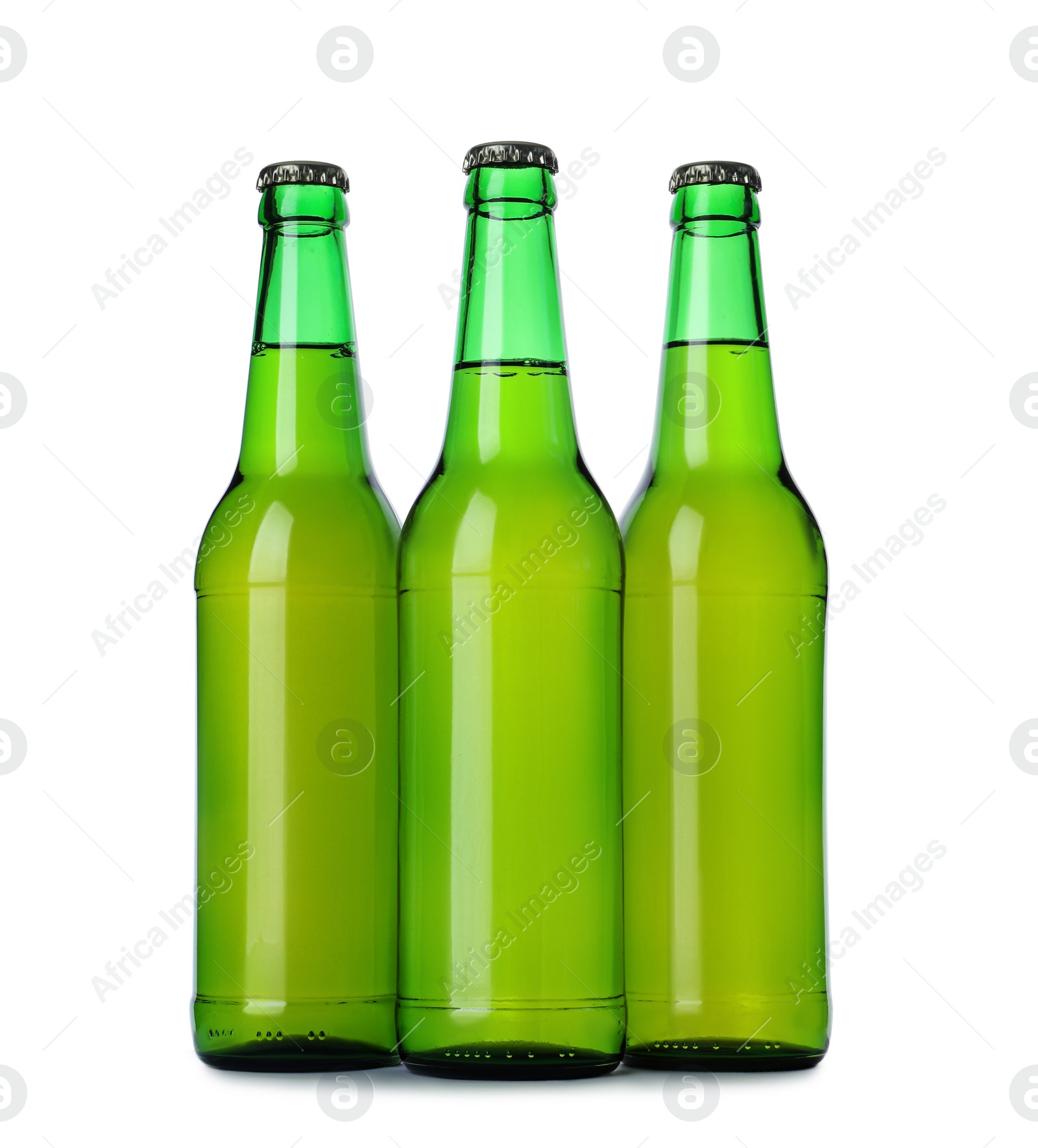 Photo of Green bottles with beer isolated on white