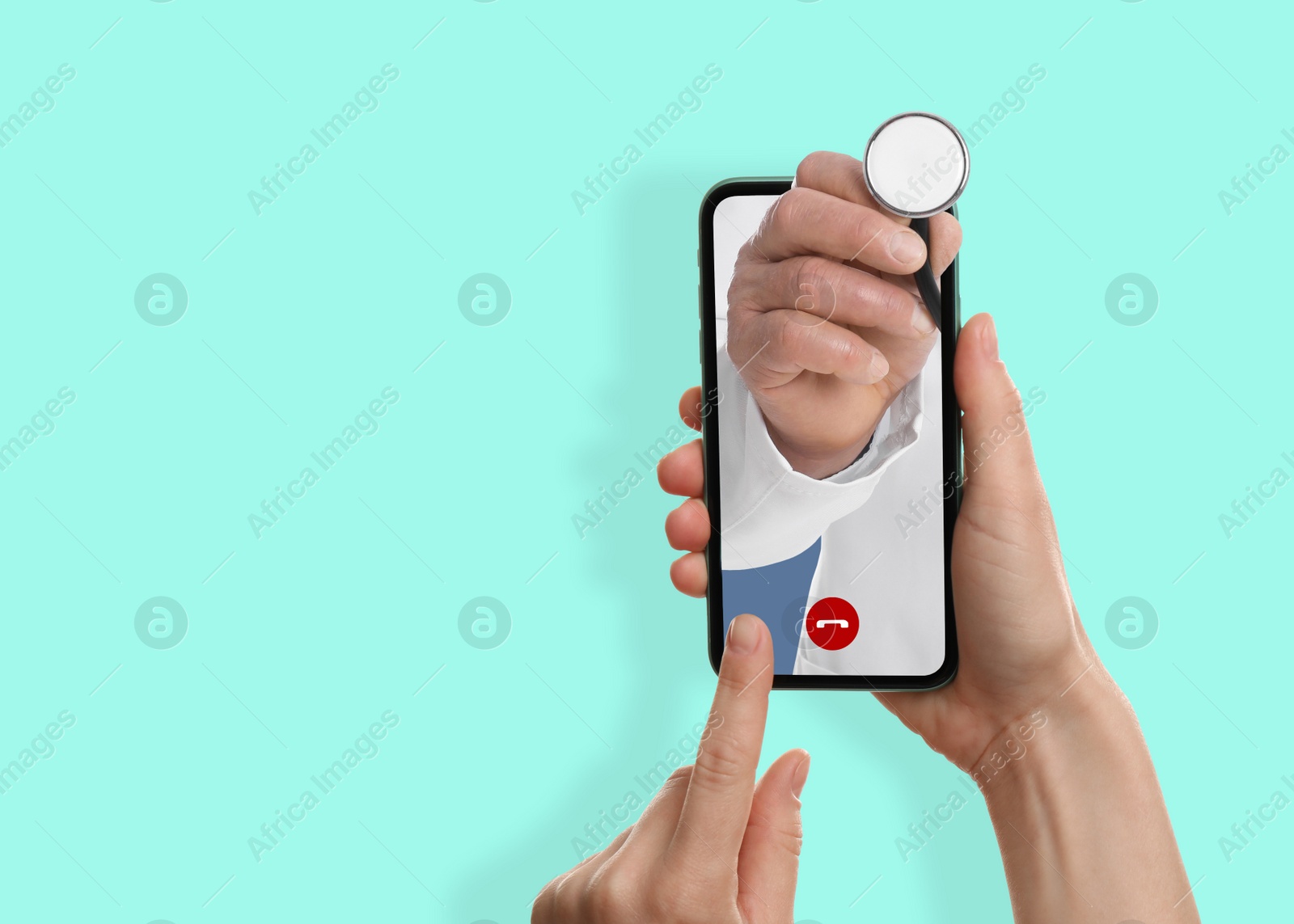 Image of Online medicine. Closeup view of woman having appointment with doctor via smartphone on color background. Space for text