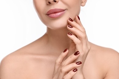 Photo of Woman with beautiful lips on white background, closeup