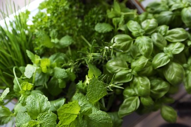 Photo of Different aromatic herbs on blurred background, above view