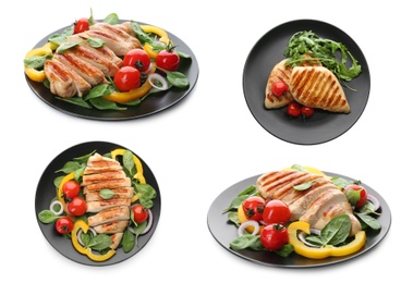 Image of Set of grilled chicken breasts on white background