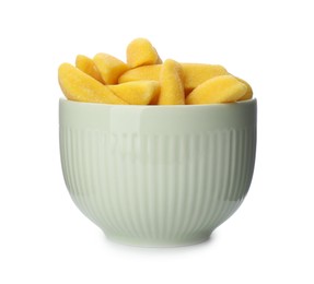 Photo of Bowl with jelly candies in shape of banana on white background