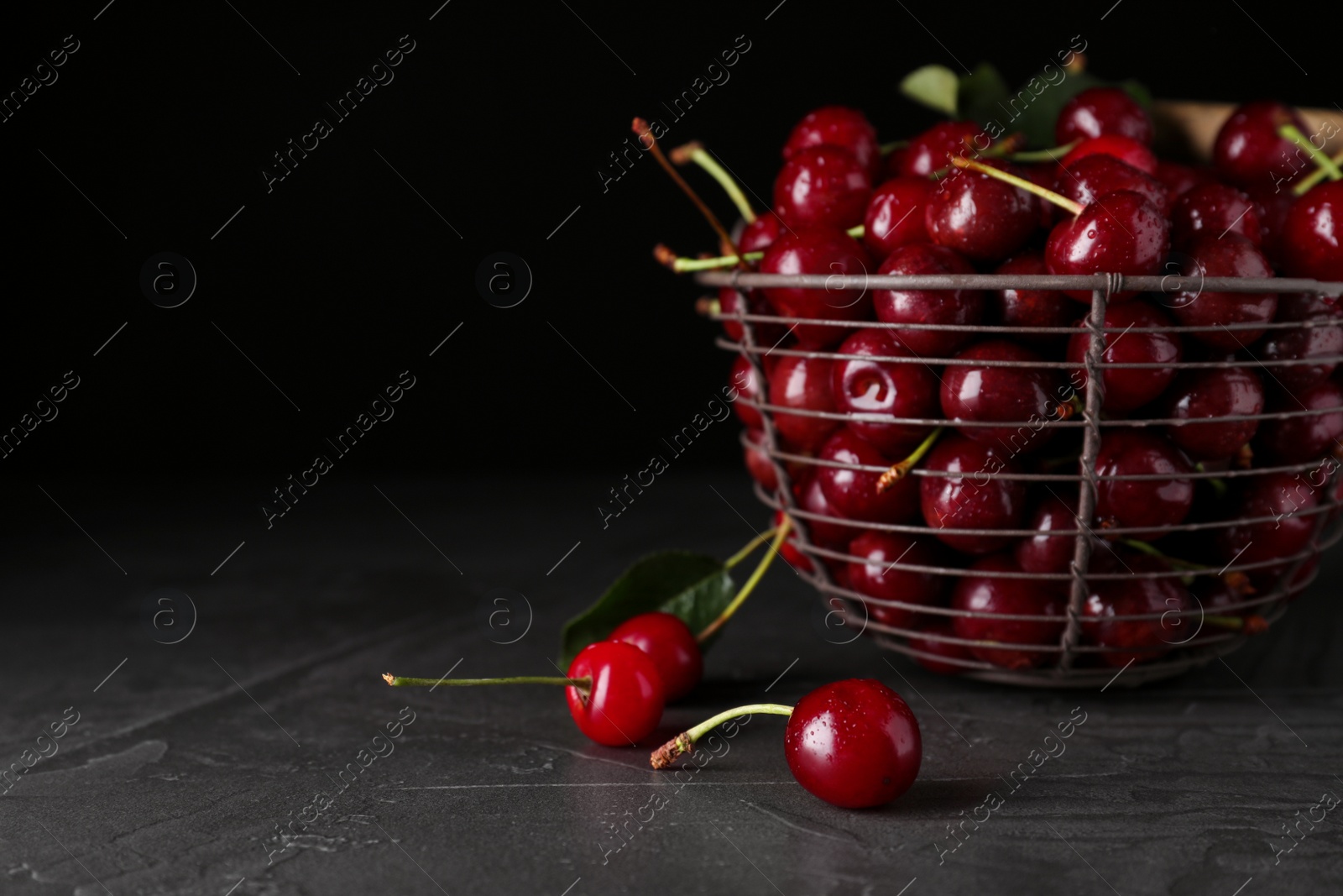 Photo of Sweet juicy cherries with water drops on black table. Space for text