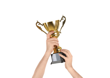 Photo of Man holding gold trophy cup on white background, closeup