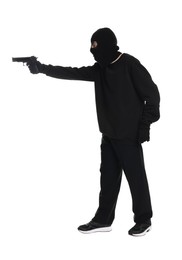 Photo of Thief in balaclava with gun on white background