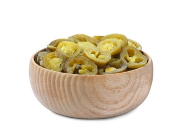 Photo of Slices of pickled green jalapenos in wooden bowl isolated on white