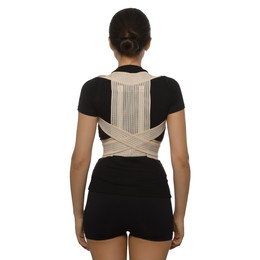 Woman with orthopedic corset on white background, back view