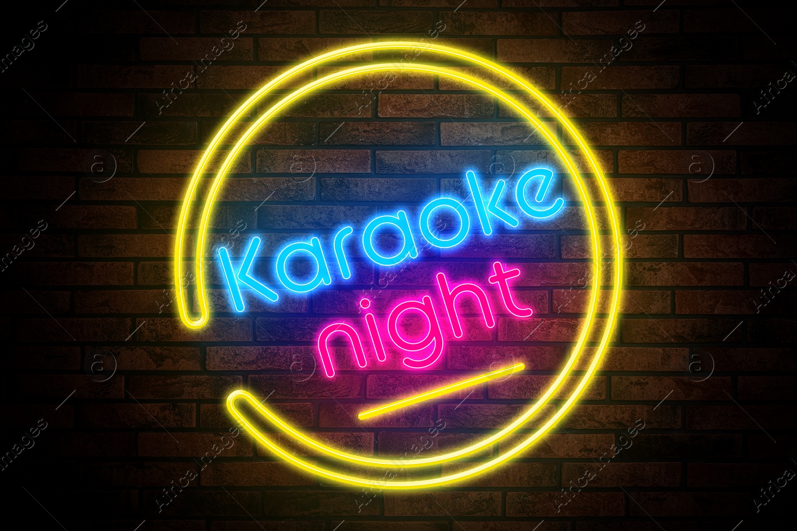 Illustration of Glowing neon sign with words Karaoke Night on brick wall