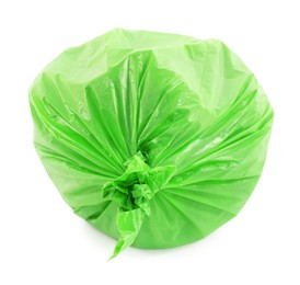 Photo of Green plastic garbage bag isolated on white, top view