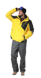 Man wearing stylish winter sport clothes on white background