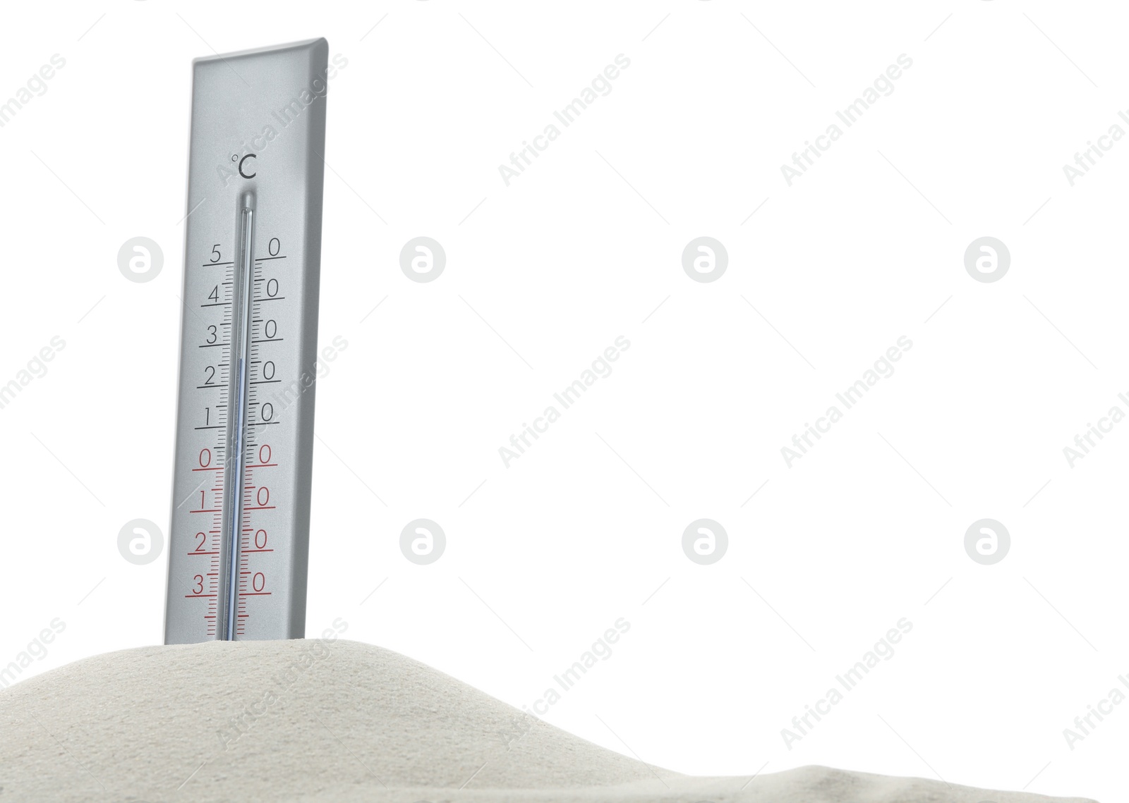 Photo of Weather thermometer in sand against white background