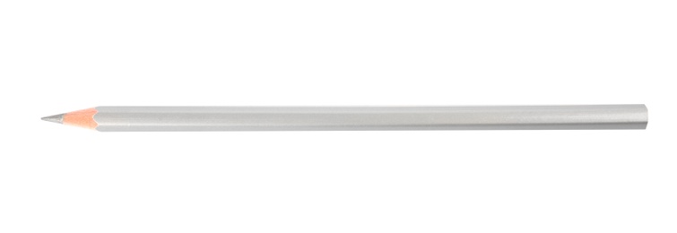 Photo of Silver wooden pencil on white background, top view. School stationery