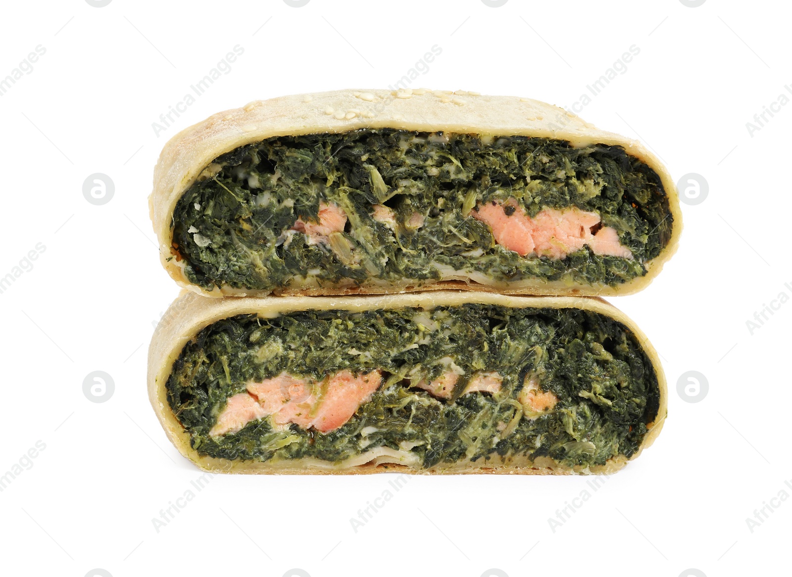 Photo of Pieces of delicious strudel with salmon and spinach isolated on white