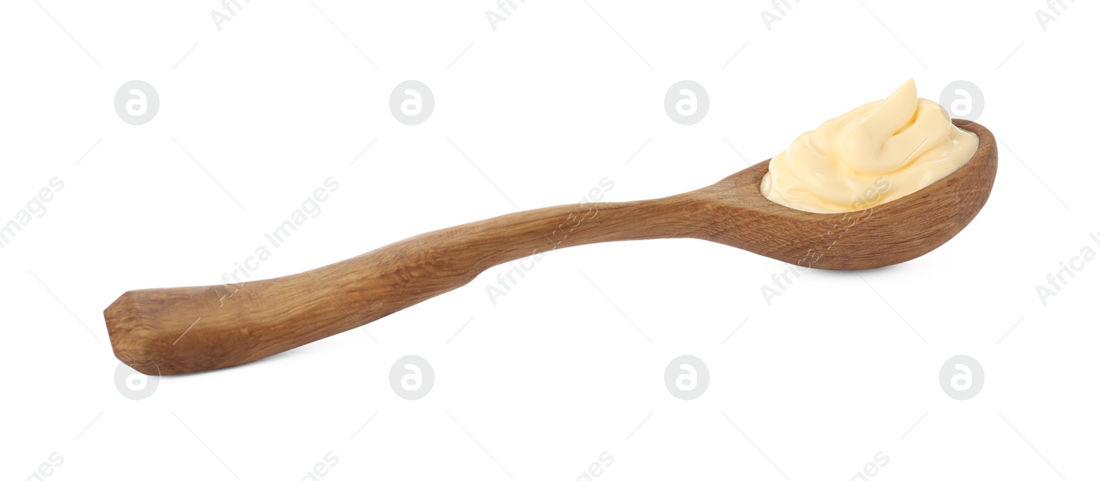 Photo of Wooden spoon with tasty mayonnaise isolated on white