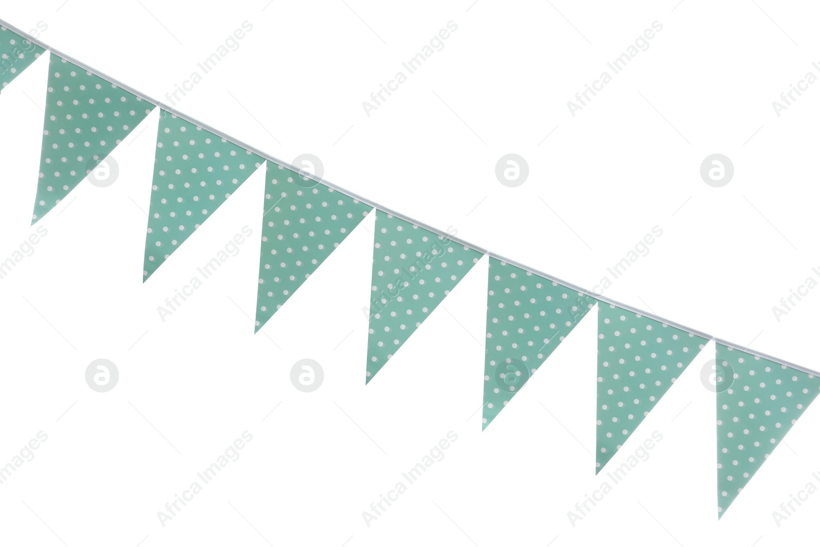 Photo of Triangular bunting flags on white background. Festive decor