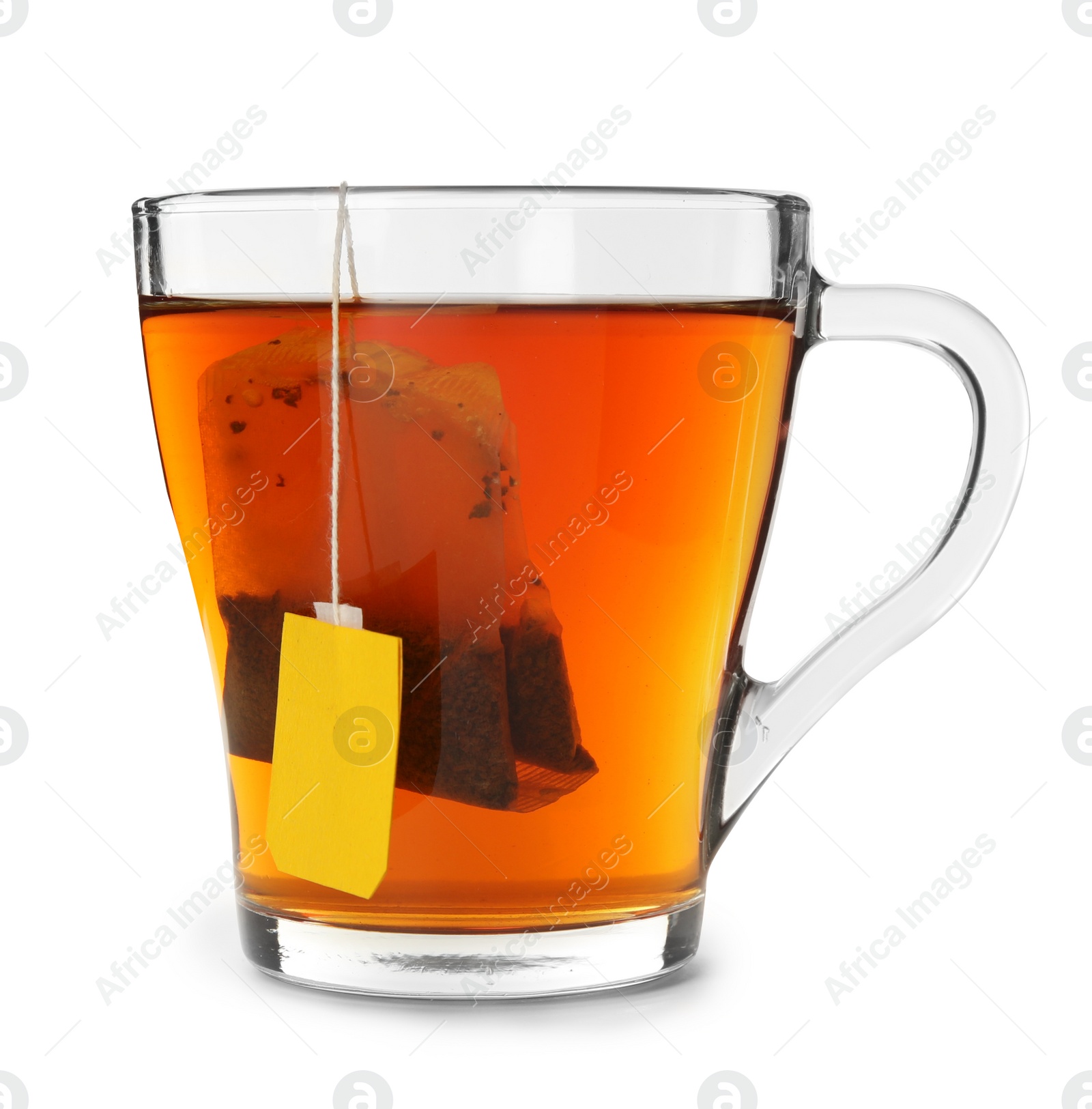 Photo of Glass cup of hot aromatic tea on white background