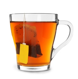 Photo of Glass cup of hot aromatic tea on white background