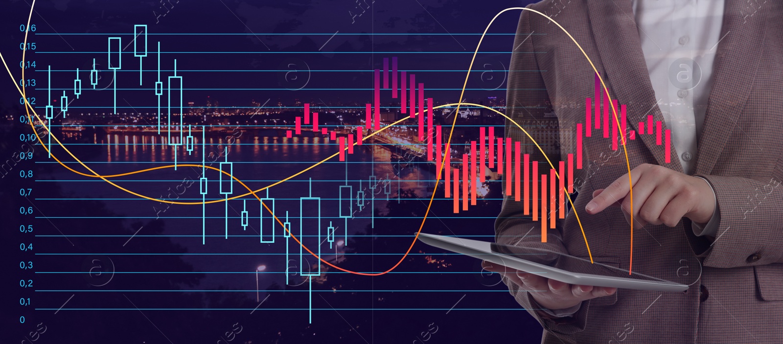 Image of Financial charts, business woman and cityscape on background, closeup. Stock exchange trading