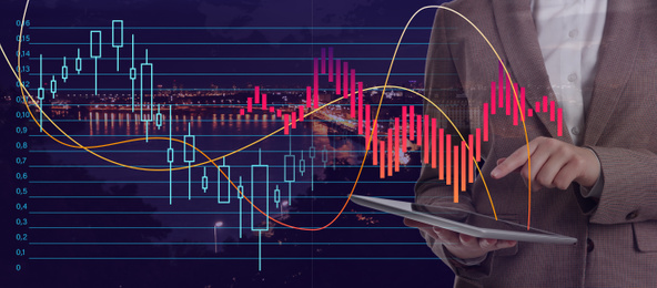 Image of Financial charts, business woman and cityscape on background, closeup. Stock exchange trading