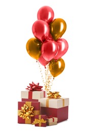 Image of Bunch of color balloons and beautiful gift boxes on white background