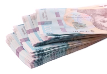 Photo of 1000 Ukrainian Hryvnia banknotes on white background, closeup