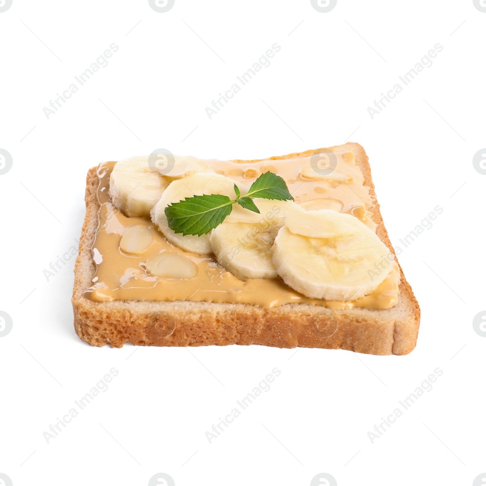 Photo of Toast with tasty nut butter, banana slices and almond flakes isolated on white