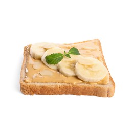 Photo of Toast with tasty nut butter, banana slices and almond flakes isolated on white