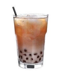 Photo of Tasty milk bubble tea isolated on white